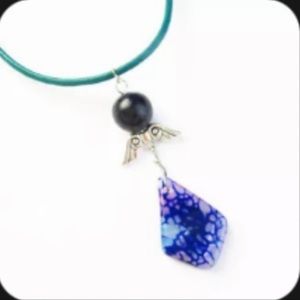 Small Blue fire Dragon vein agate Rhombus Tibetan silver Angel wing necklace